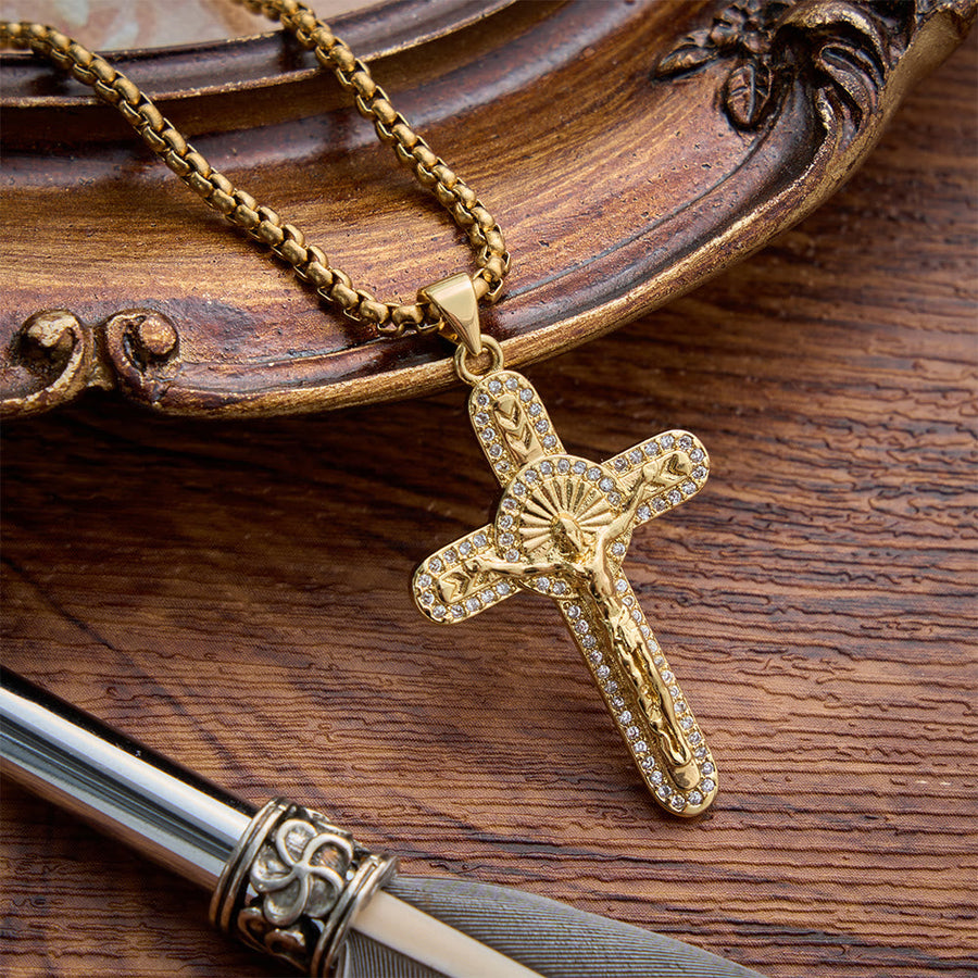 Sparkling Pave Crystal Crucifix Box Chain Necklace: Emblem of Timeless Sacrificial Love