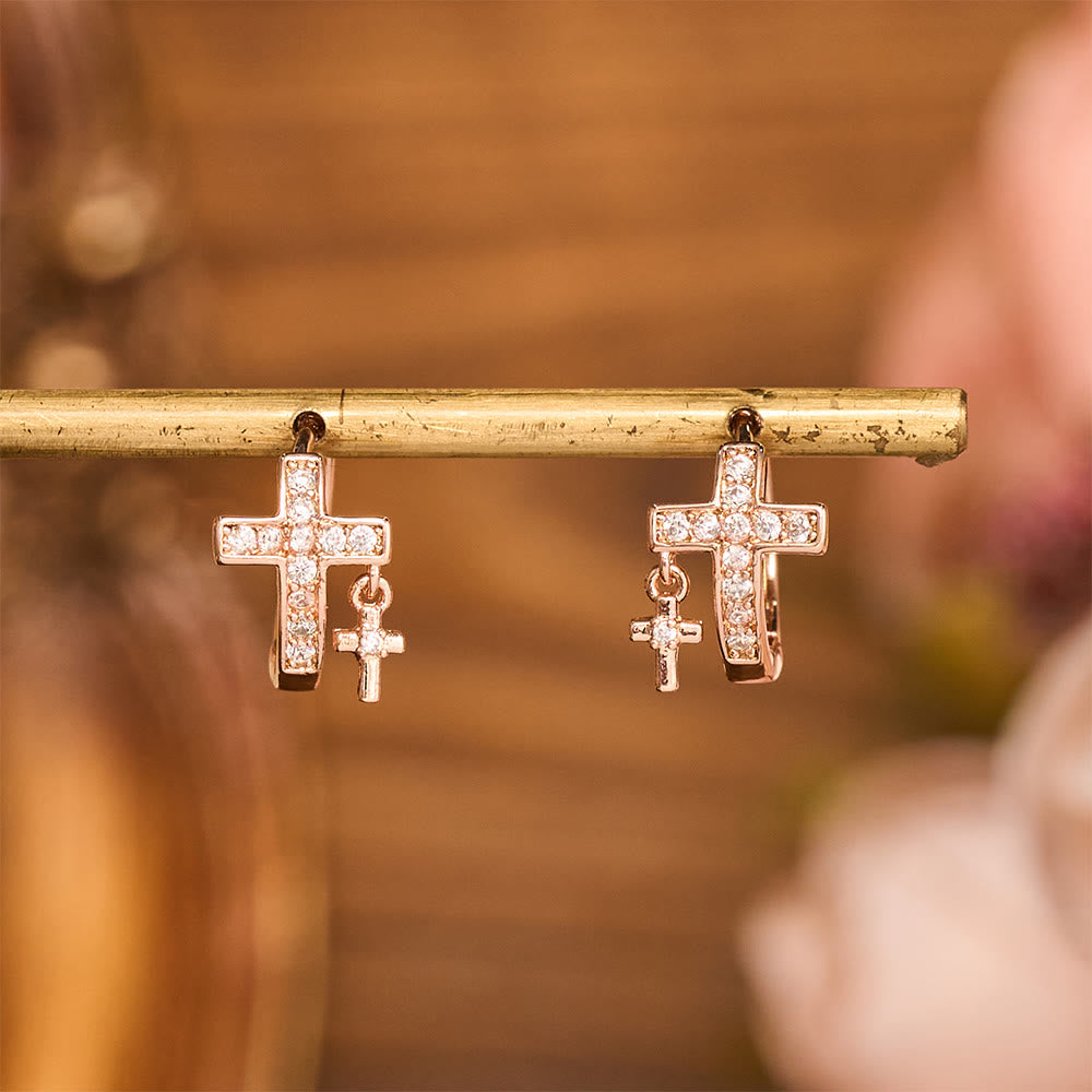 Double Cross Paved Crystal Hoop Earrings: Emblem of Gentle Heavenly Blessings