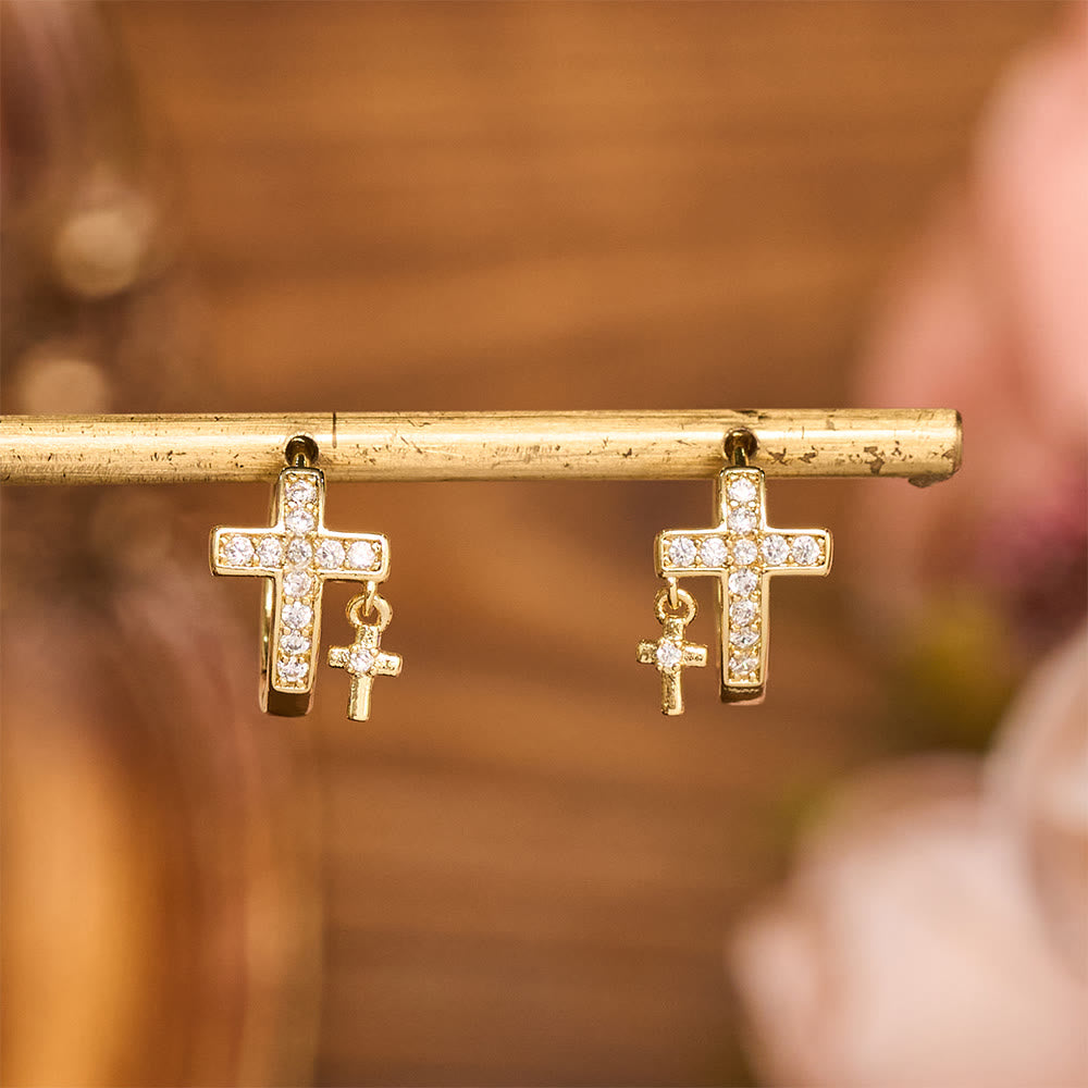 Double Cross Paved Crystal Hoop Earrings: Emblem of Gentle Heavenly Blessings
