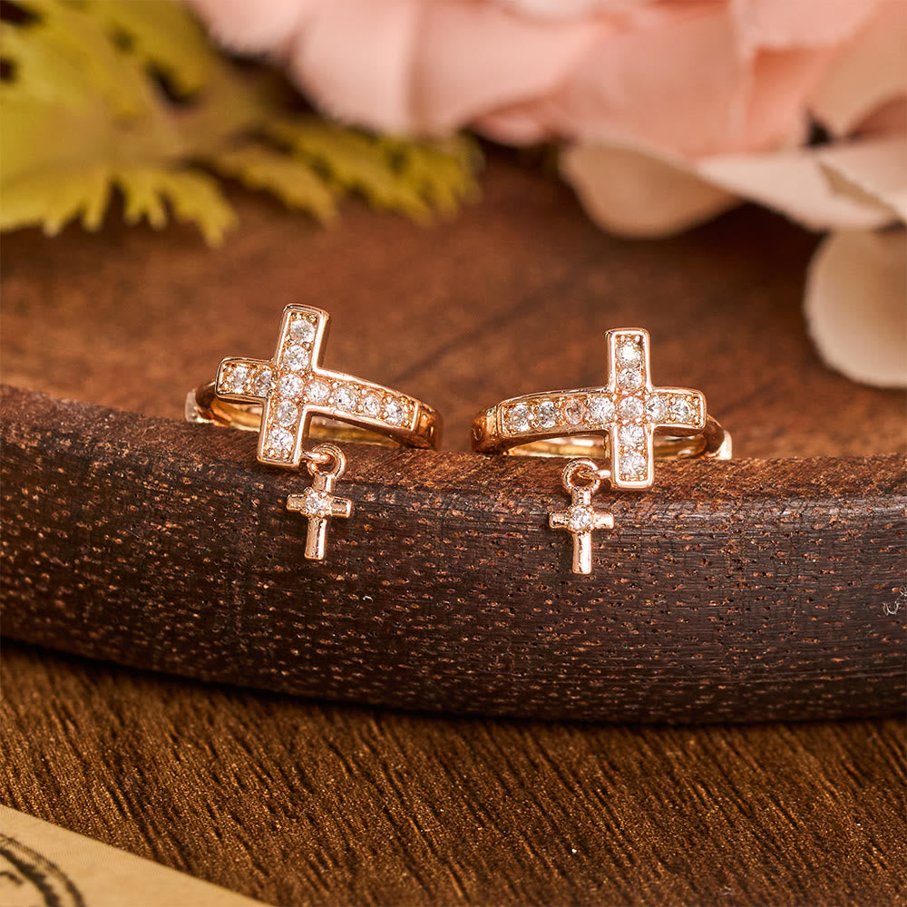 Double Cross Paved Crystal Hoop Earrings: Emblem of Gentle Heavenly Blessings