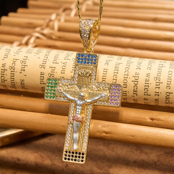 Iced Multihued Crystal Sculpted Crucifix Necklace: Token of Boundless Heavenly Mercy