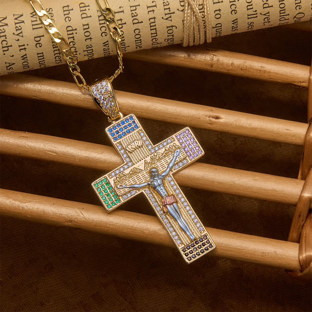 Iced Multihued Crystal Sculpted Crucifix Necklace: Token of Boundless Heavenly Mercy