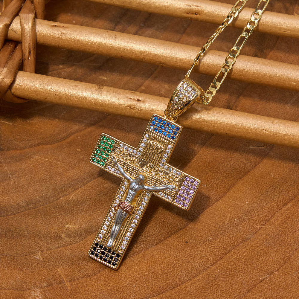 Iced Multihued Crystal Sculpted Crucifix Necklace: Token of Boundless Heavenly Mercy