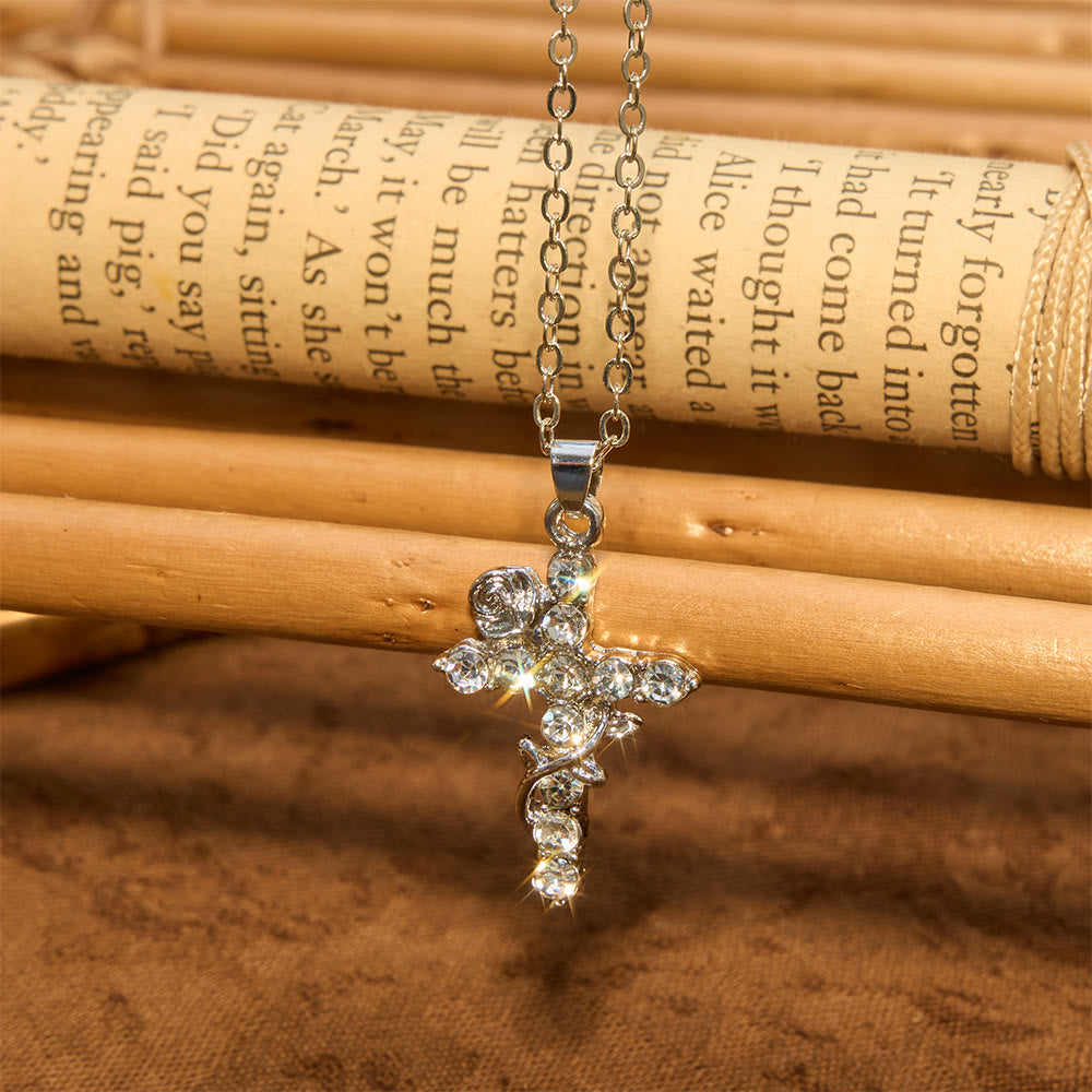 Crystal Rose Vine Cross Pendant Necklace: Token of Gentle Heavenly Mercy