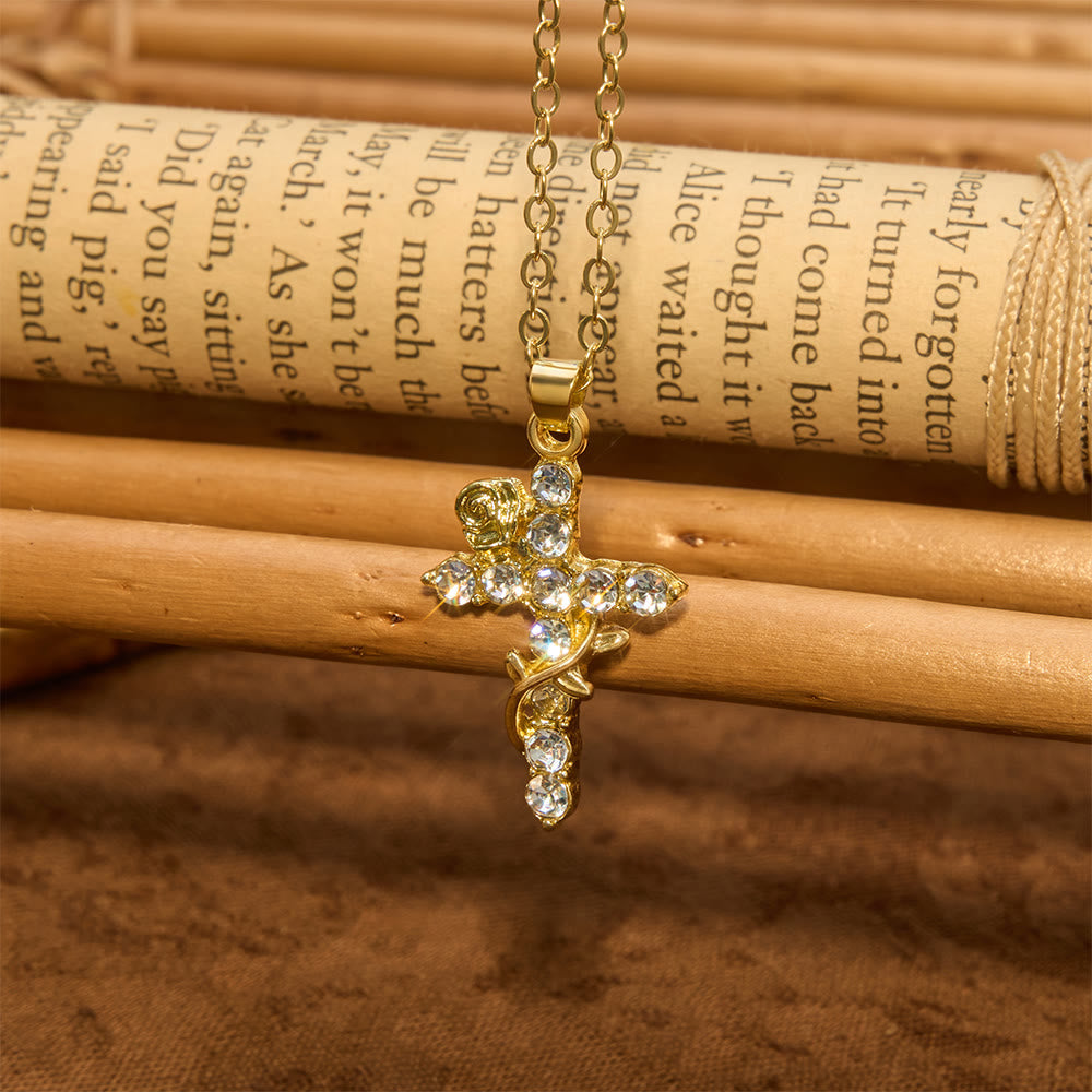 Crystal Rose Vine Cross Pendant Necklace: Token of Gentle Heavenly Mercy
