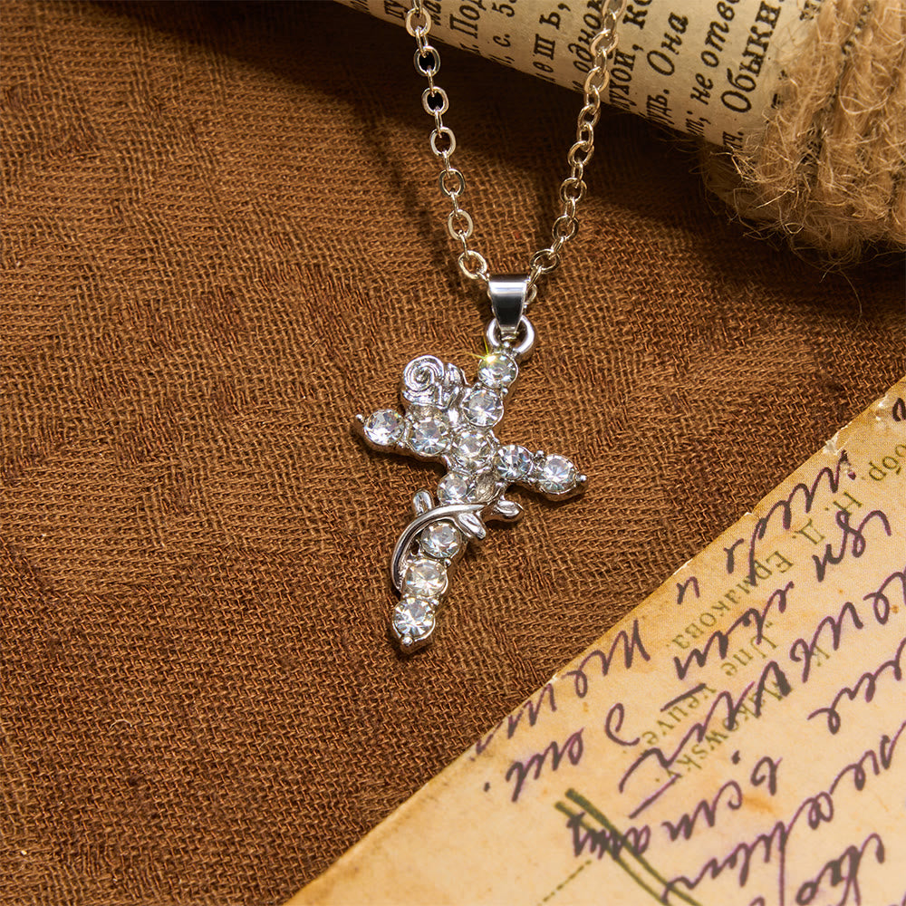Crystal Rose Vine Cross Pendant Necklace: Token of Gentle Heavenly Mercy