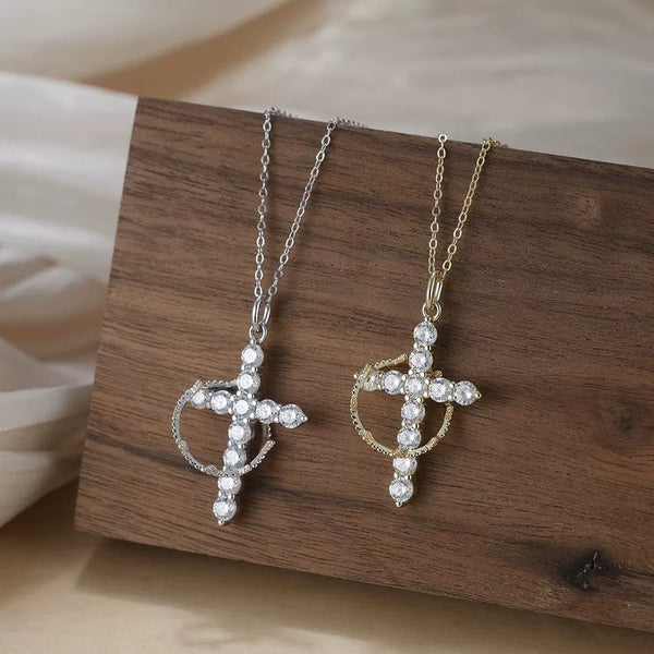 Sparkling Stone Wrapped Ring Cross Necklace: Emblem of Pure Heavenly Grace