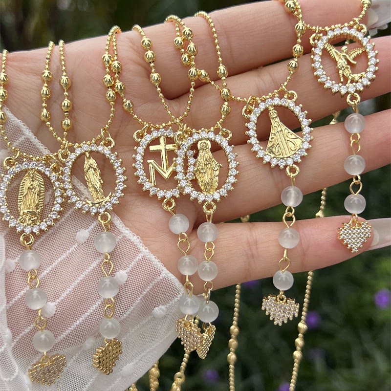 Vintage Stone Frame Holy Figure Beaded Necklace: Emblem of Tender Heavenly Mercy