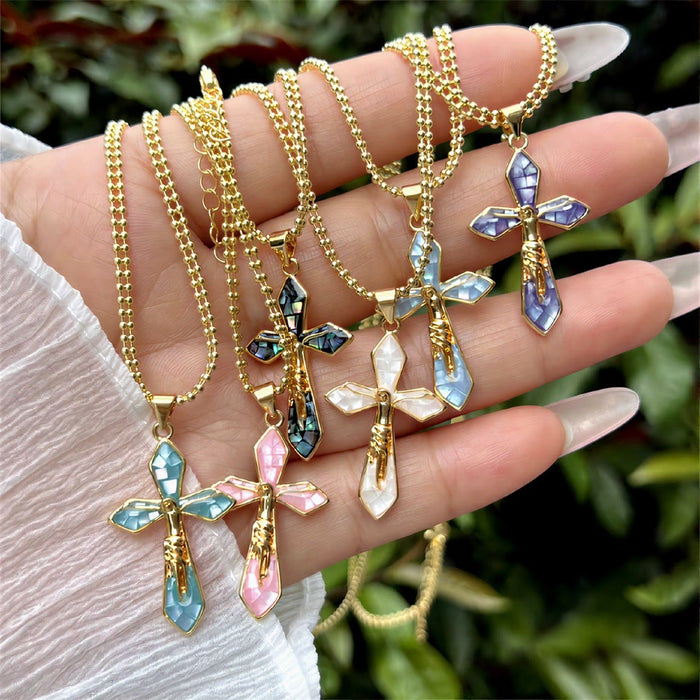Pastel Shell Inlay Curved Cross Chain: Symbol of Constant Divine Shelter