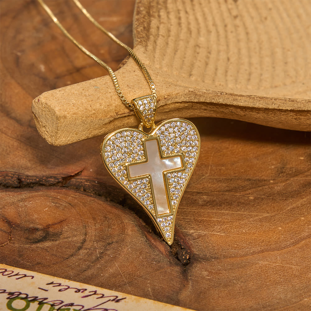 Pave Zircon Heart Necklace With Mother-of-Pearl Cross: Emblem of Sincere Heavenly Devotion
