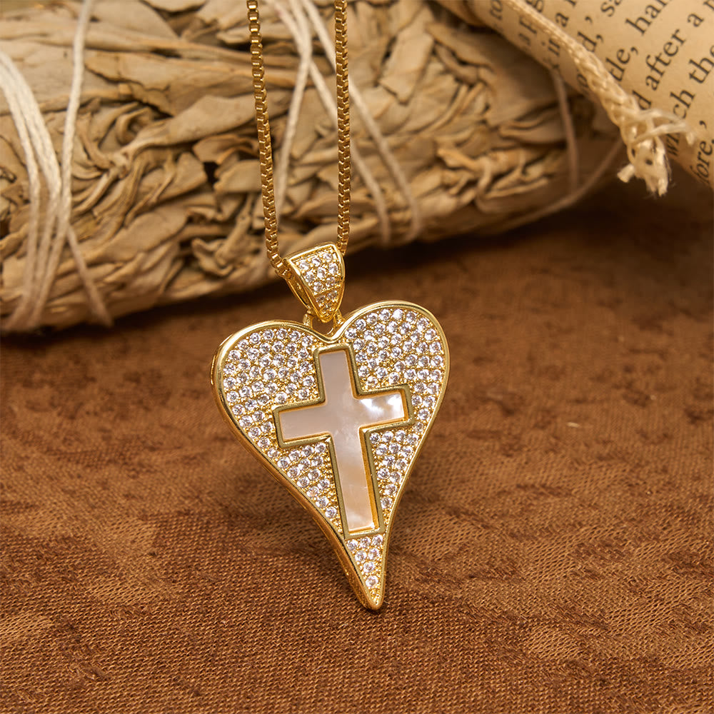 Pave Zircon Heart Necklace With Mother-of-Pearl Cross: Emblem of Sincere Heavenly Devotion
