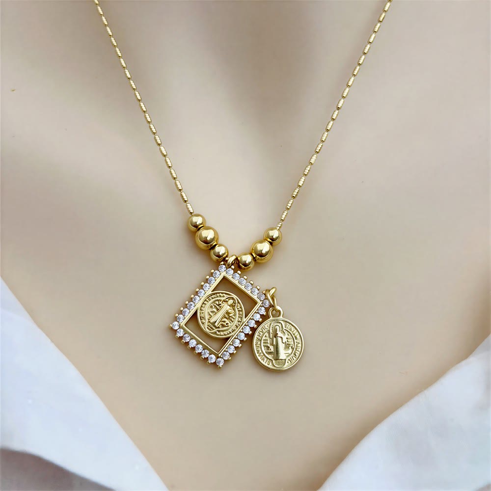 Bead Chain Holy Medallion Cross Necklace: Emblem of Tender Heavenly Comfort