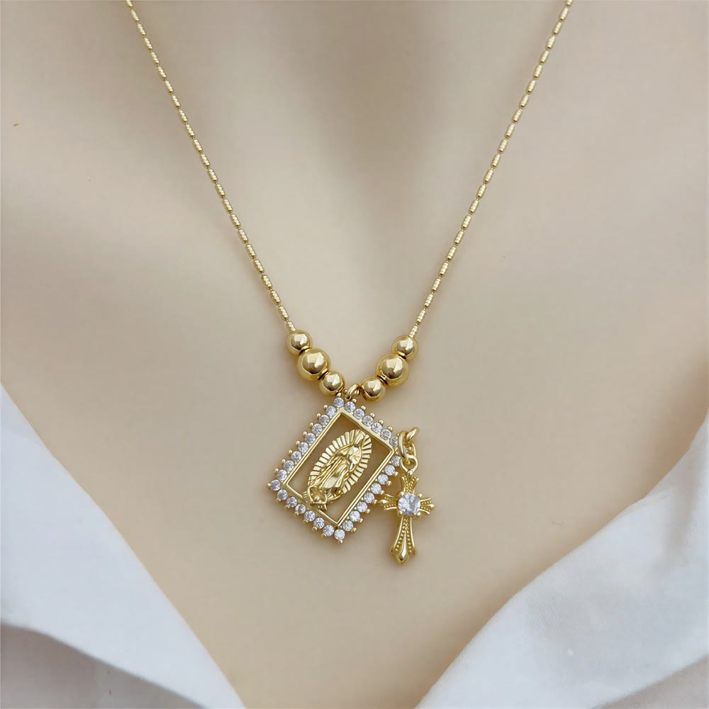 Bead Chain Holy Medallion Cross Necklace: Emblem of Tender Heavenly Comfort