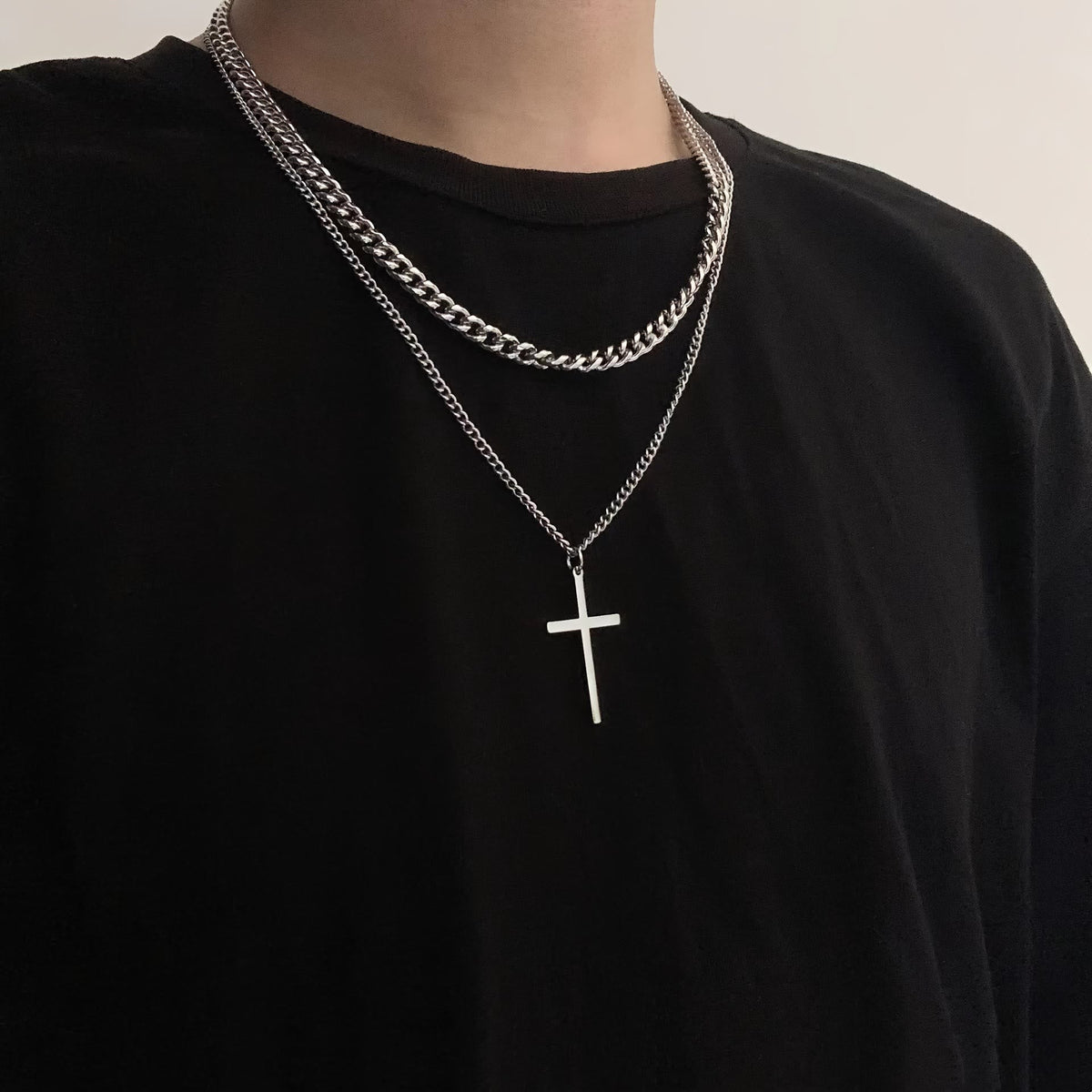 Layered Curb Chain Cross Pendant Necklace: Emblem of Steadfast Heavenly Shelter