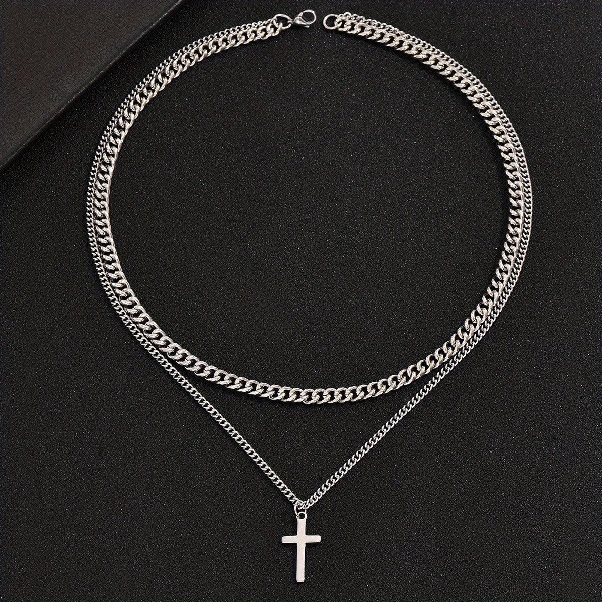 Layered Curb Chain Cross Pendant Necklace: Emblem of Steadfast Heavenly Shelter