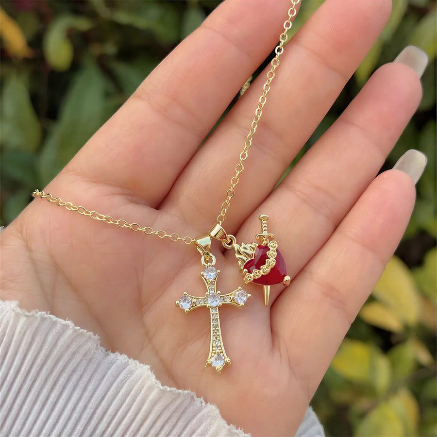 Crystal Cross & Sacred Heart Dual Charm Necklace: Emblem of Tender Heavenly Compassion