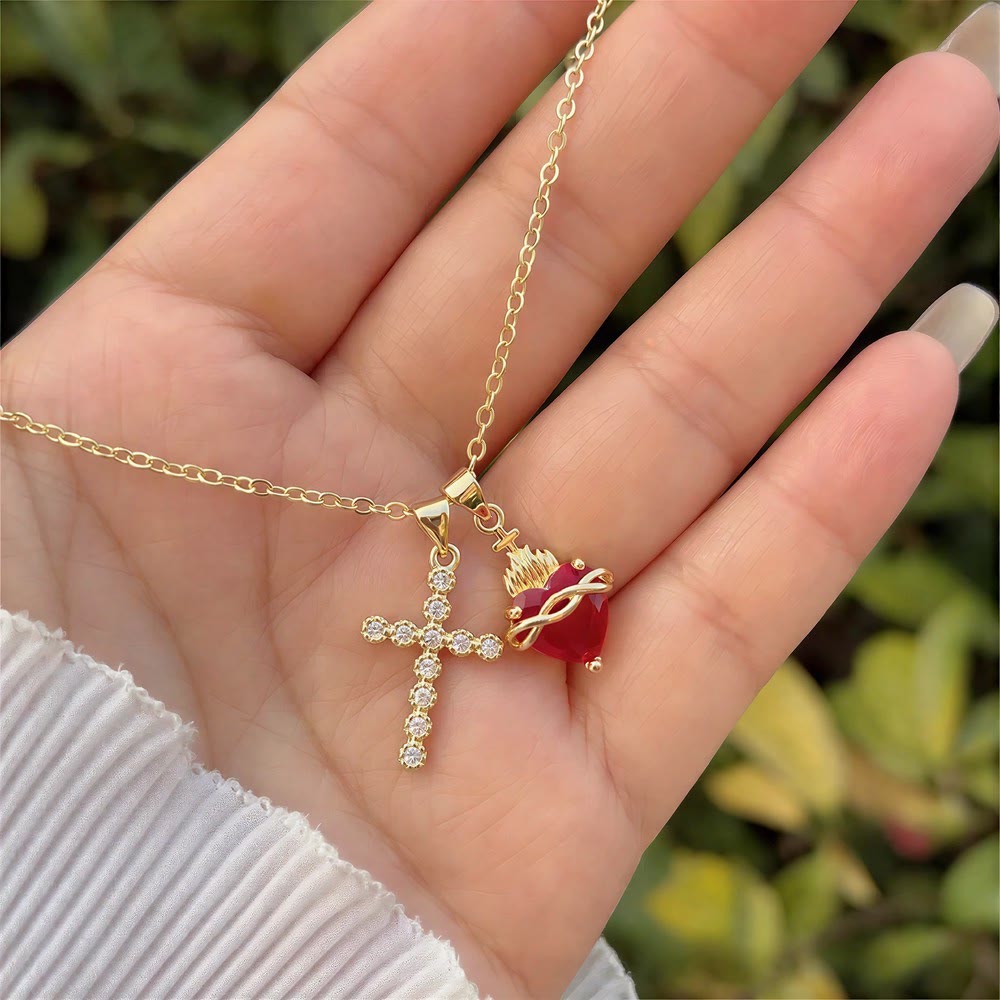 Crystal Cross & Sacred Heart Dual Charm Necklace: Emblem of Tender Heavenly Compassion