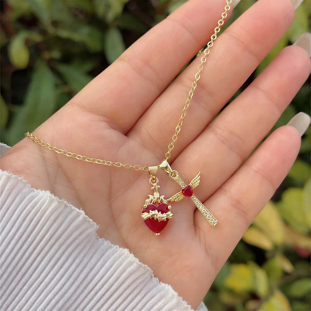 Crystal Cross & Sacred Heart Dual Charm Necklace: Emblem of Tender Heavenly Compassion