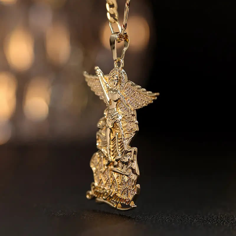 Saint Michael Archangel Pendant Necklace Cubic Zirconia Inlaid Guardian Angel Chain