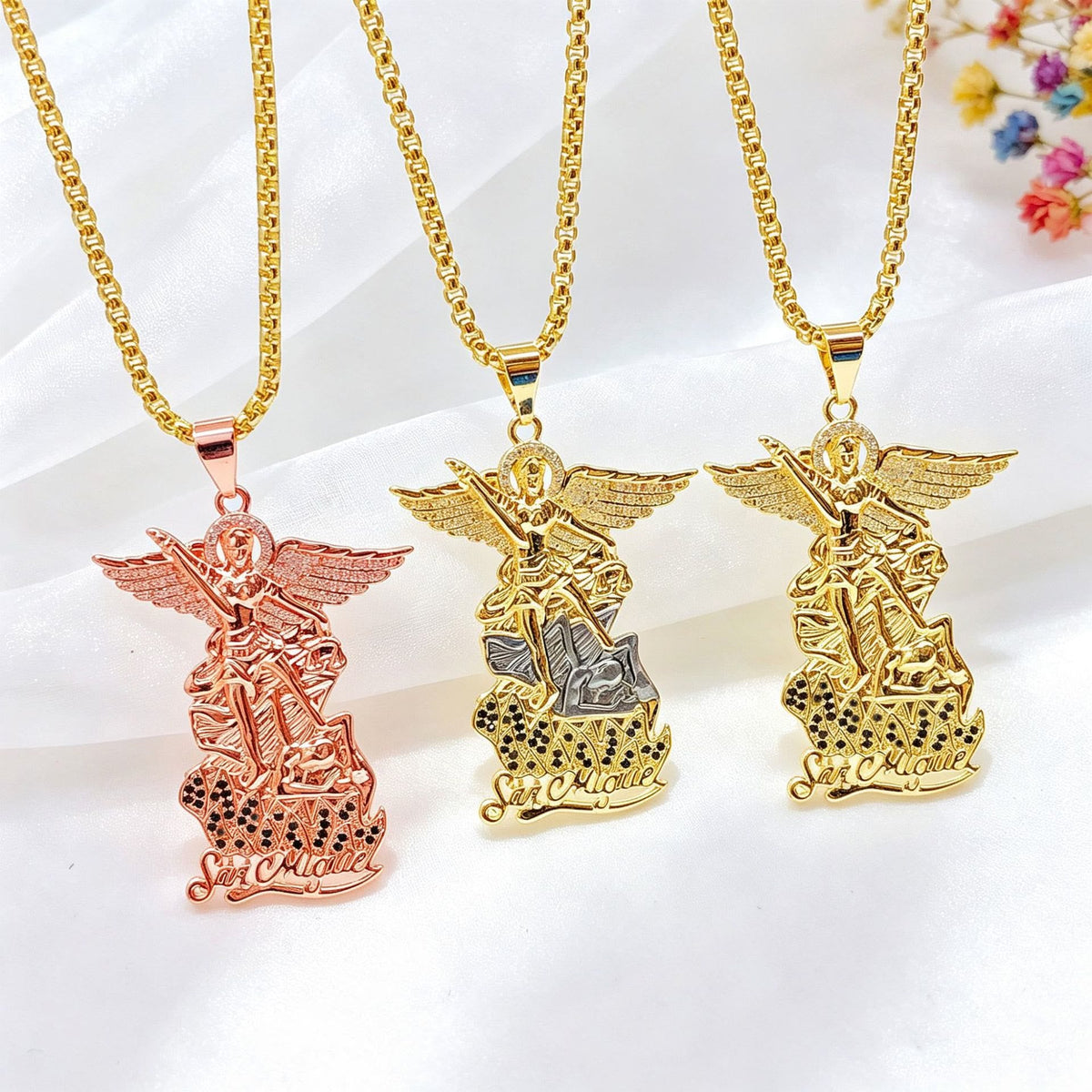Saint Michael Archangel Pendant Necklace Cubic Zirconia Inlaid Guardian Angel Chain