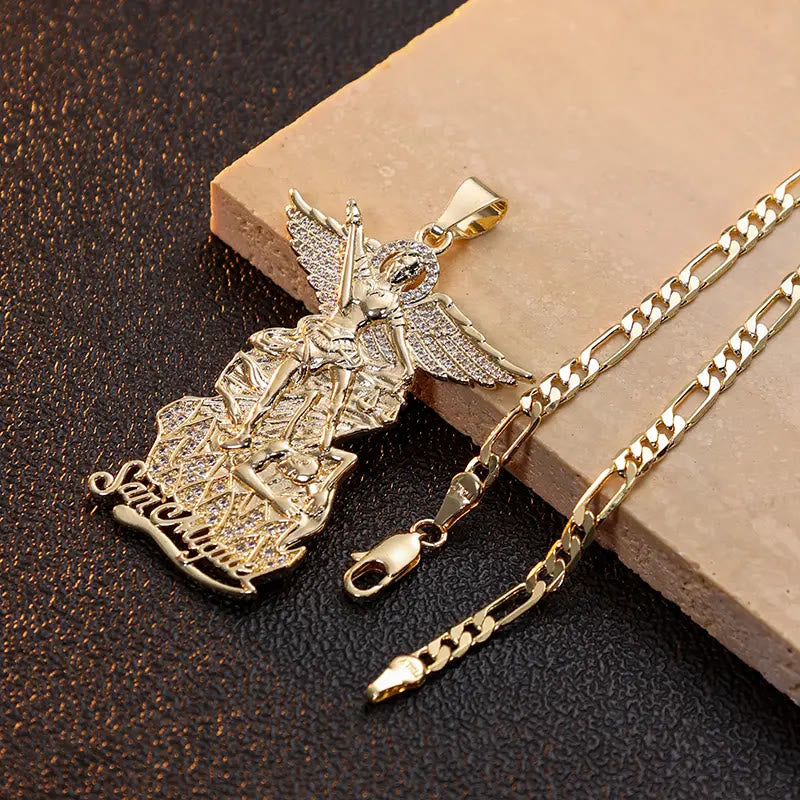 Saint Michael Archangel Pendant Necklace Cubic Zirconia Inlaid Guardian Angel Chain
