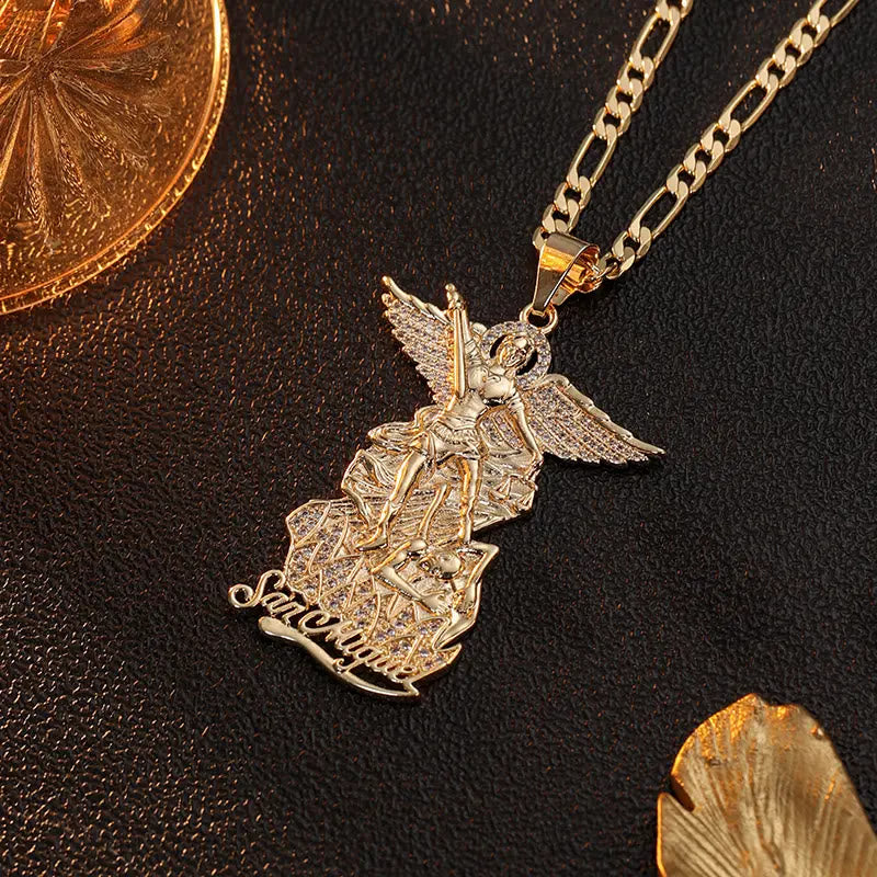 Saint Michael Archangel Pendant Necklace Cubic Zirconia Inlaid Guardian Angel Chain