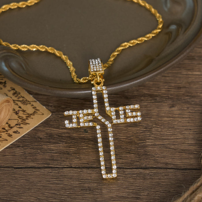 Hollow Script Jesus Cross Necklace With Inlaid Stones: Symbol of Enduring Faith