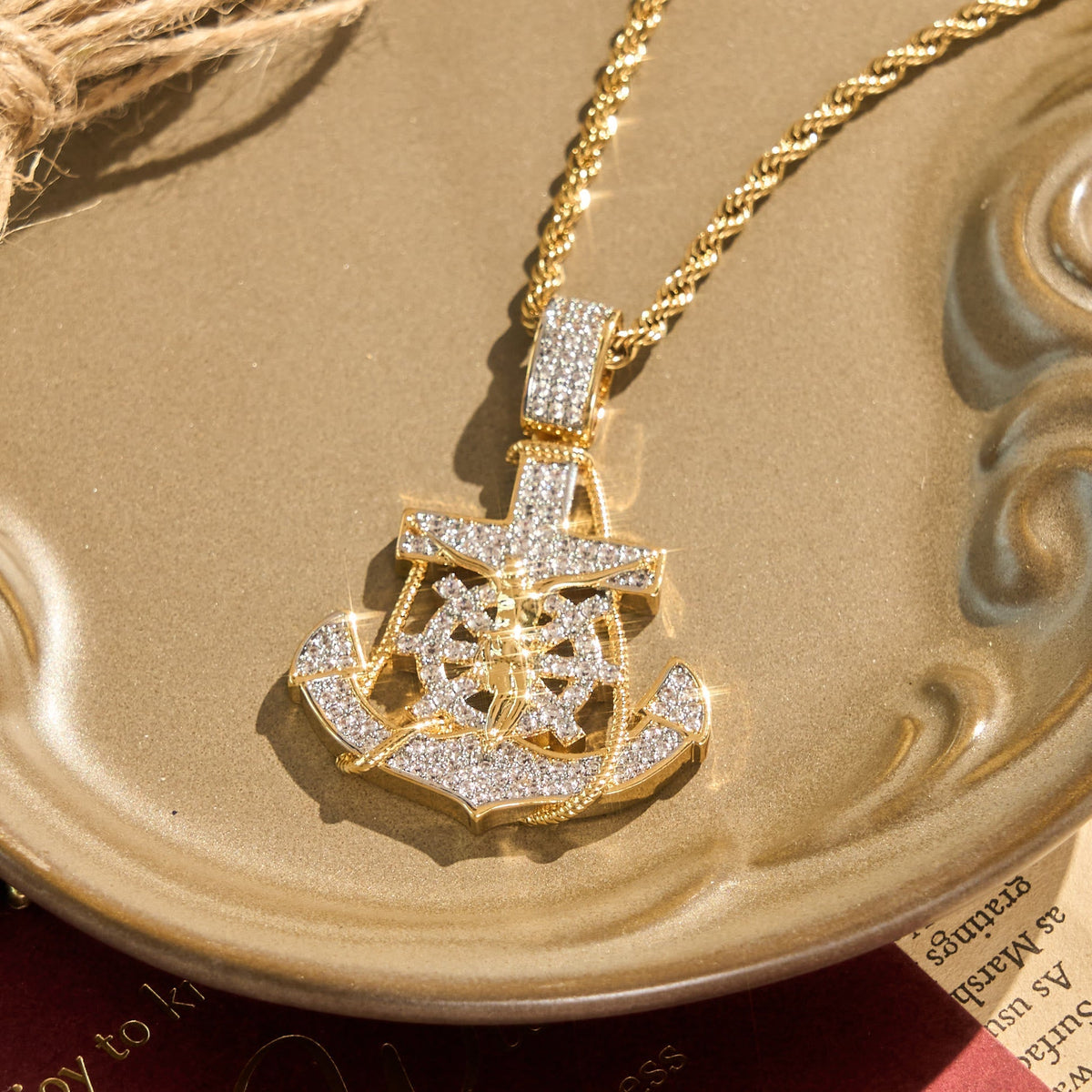 Fully‑Stoned Anchor Crucifix Ship‑Wheel Pendant Necklace: Emblem of Steadfast Heavenly Hope
