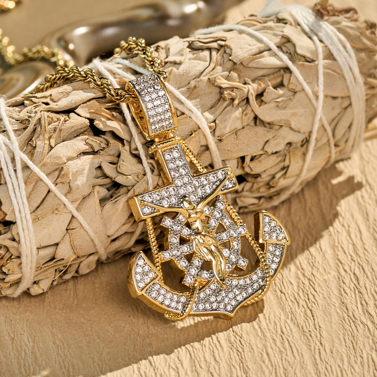 Fully‑Stoned Anchor Crucifix Ship‑Wheel Pendant Necklace: Emblem of Steadfast Heavenly Hope