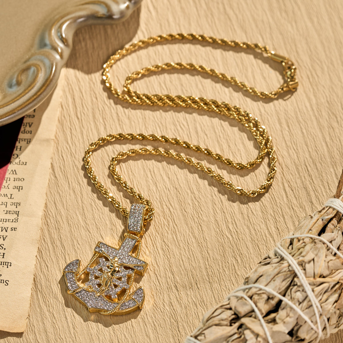 Fully‑Stoned Anchor Crucifix Ship‑Wheel Pendant Necklace: Emblem of Steadfast Heavenly Hope