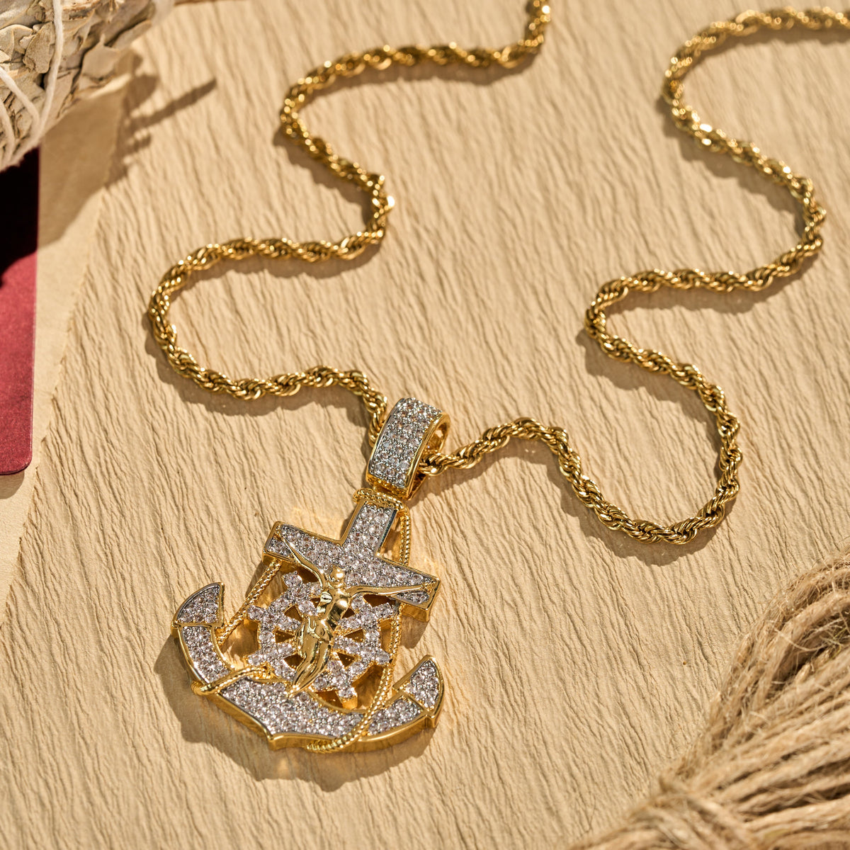 Fully‑Stoned Anchor Crucifix Ship‑Wheel Pendant Necklace: Emblem of Steadfast Heavenly Hope