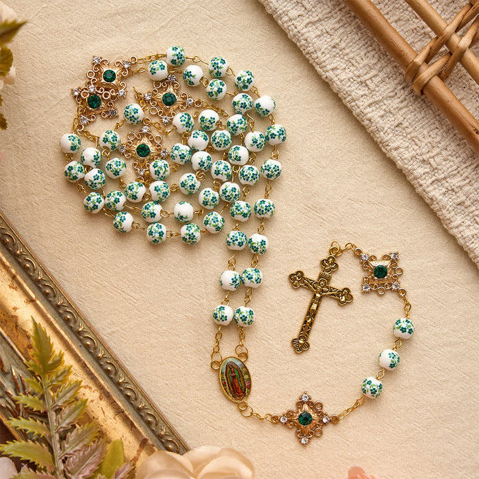 Vintage Green Floral Porcelain Rosary With Jeweled Flower Links: Emblem of Timeless Heavenly Blessing