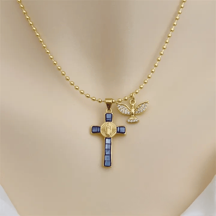 Holy Spirit Pastel Inlaid Cross Necklace Emblem of Heavenly Protection