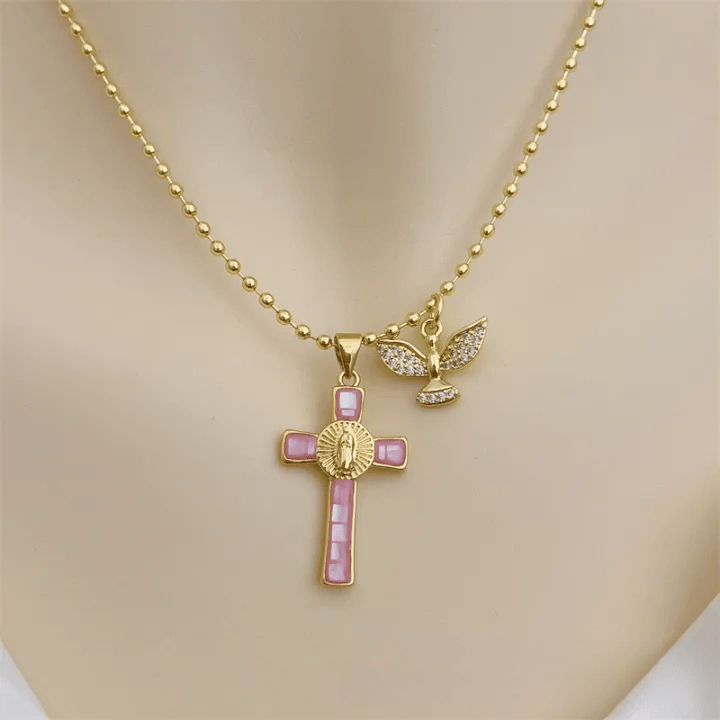 Holy Spirit Pastel Inlaid Cross Necklace Emblem of Heavenly Protection