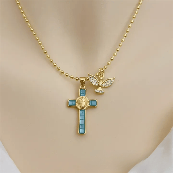 Holy Spirit Pastel Inlaid Cross Necklace Emblem of Heavenly Protection
