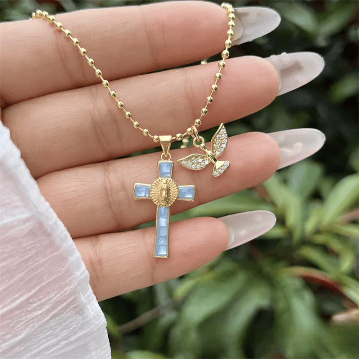 Holy Spirit Pastel Inlaid Cross Necklace Emblem of Heavenly Protection