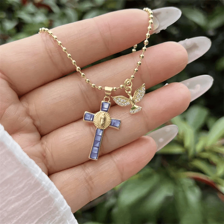 Holy Spirit Pastel Inlaid Cross Necklace Emblem of Heavenly Protection