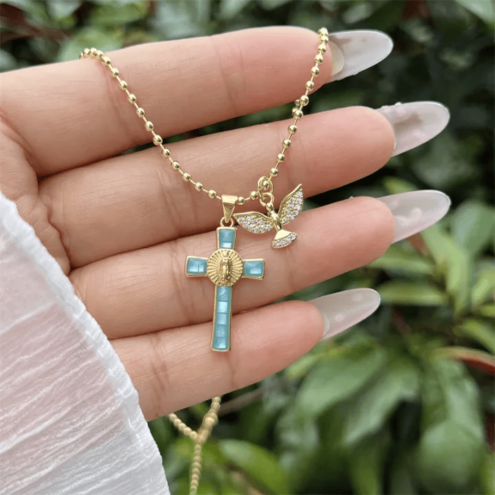 Holy Spirit Pastel Inlaid Cross Necklace Emblem of Heavenly Protection