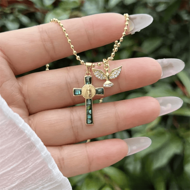 Holy Spirit Pastel Inlaid Cross Necklace Emblem of Heavenly Protection