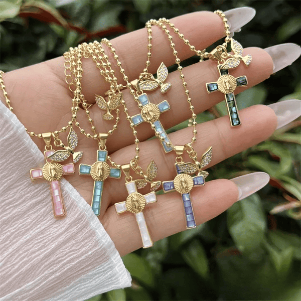 Holy Spirit Pastel Inlaid Cross Necklace Emblem of Heavenly Protection