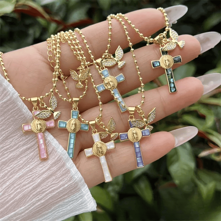 Holy Spirit Pastel Inlaid Cross Necklace Emblem of Heavenly Protection