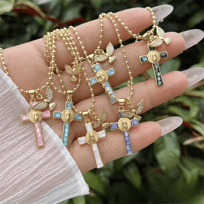 Holy Spirit Pastel Inlaid Cross Necklace Emblem of Heavenly Protection