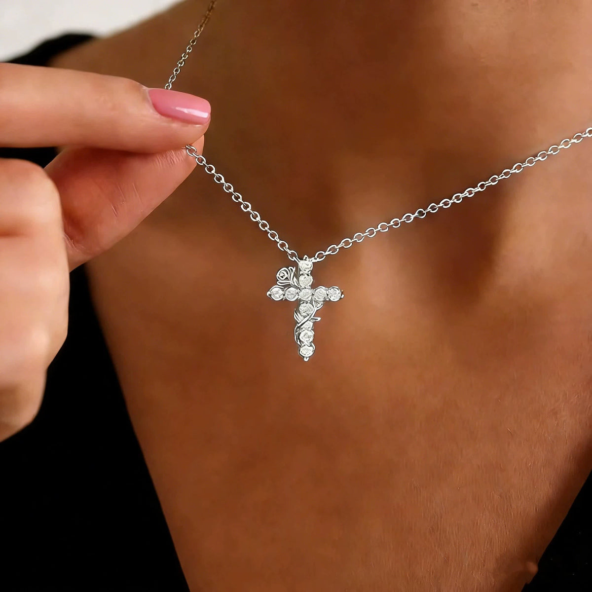 Crystal Rose Vine Cross Pendant Necklace: Token of Gentle Heavenly Mercy