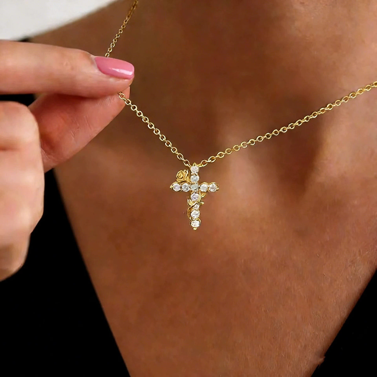 Crystal Rose Vine Cross Pendant Necklace: Token of Gentle Heavenly Mercy