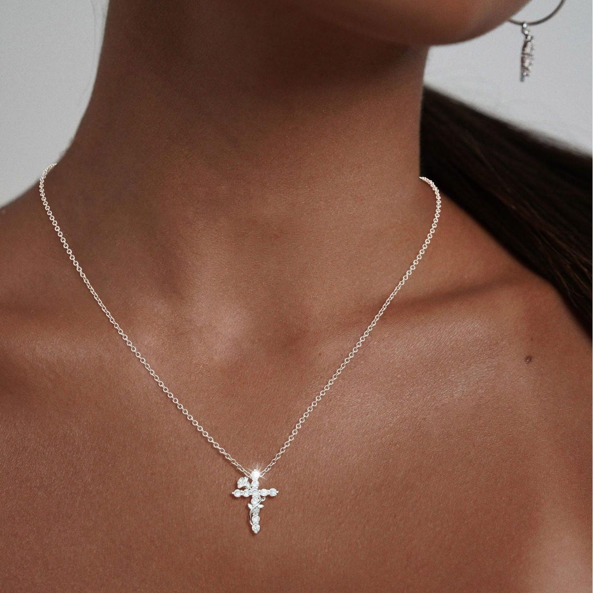 Crystal Rose Vine Cross Pendant Necklace: Token of Gentle Heavenly Mercy