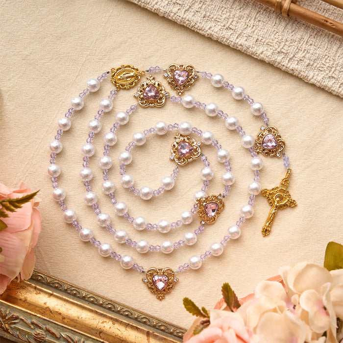 Lustrous Pearl‑Imitation Rosary With Vintage Gilt INRI Carved Cross & Sacred Medallion