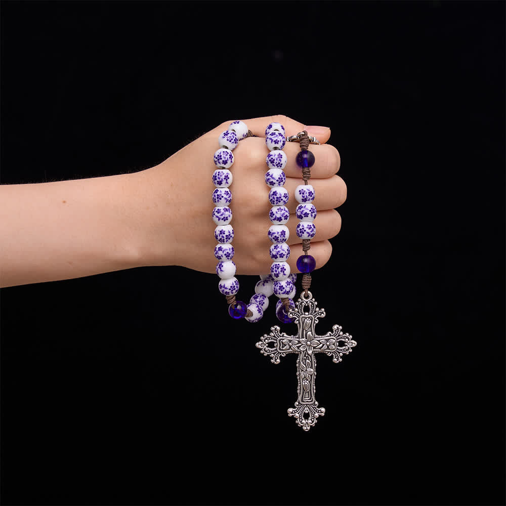 Floral Blue‑and‑White Porcelain Rosary With Floral Silver Cross & Virgin Mary Medal