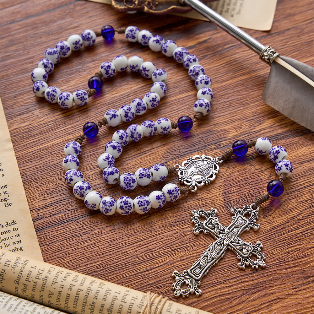 Floral Blue‑and‑White Porcelain Rosary With Floral Silver Cross & Virgin Mary Medal