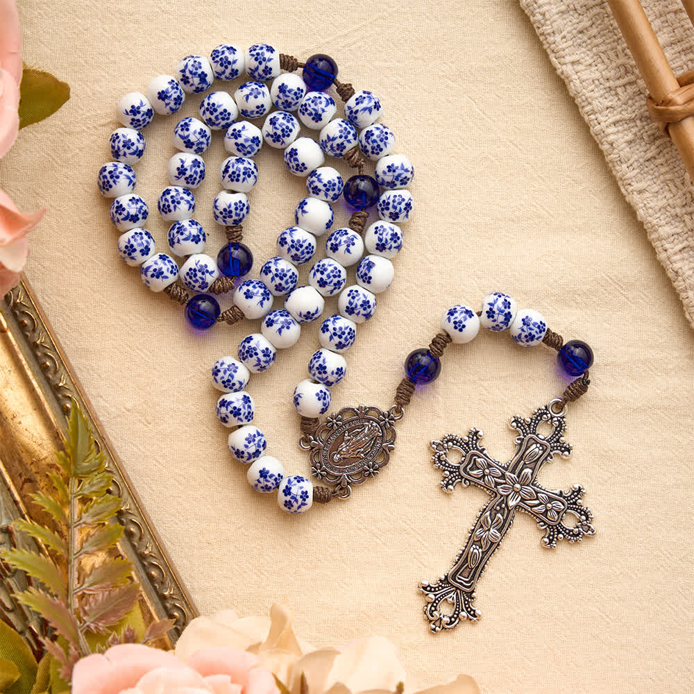 Floral Blue‑and‑White Porcelain Rosary With Floral Silver Cross & Virgin Mary Medal