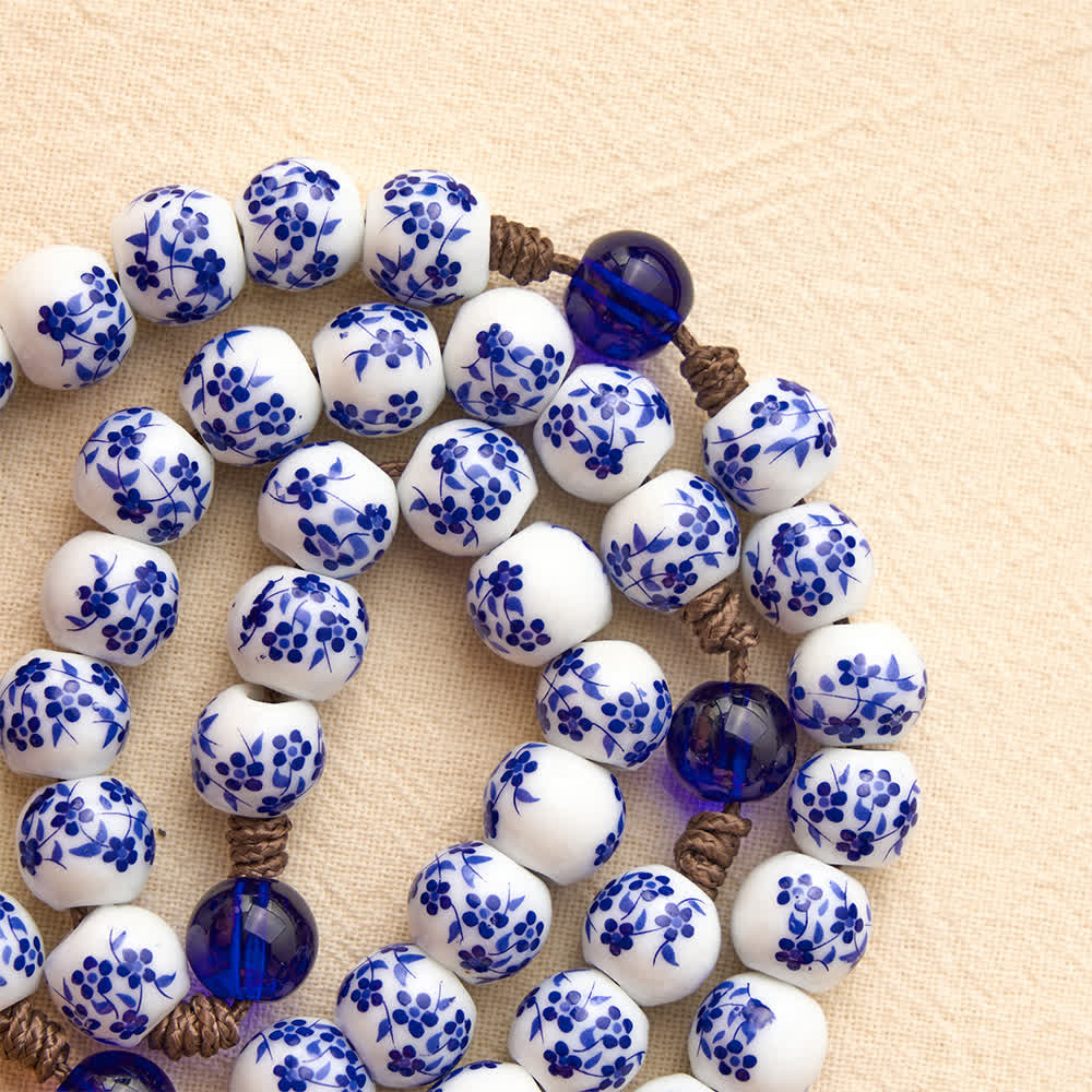 Floral Blue‑and‑White Porcelain Rosary With Floral Silver Cross & Virgin Mary Medal